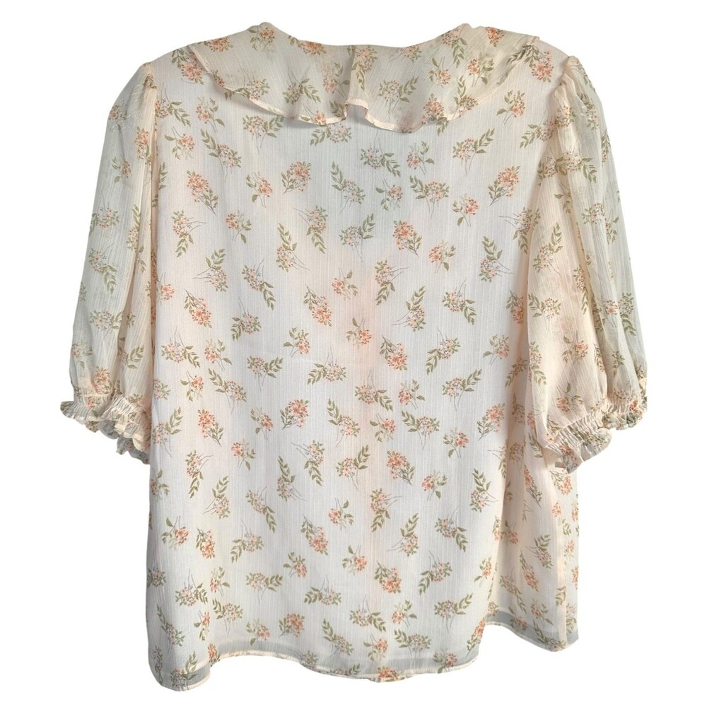 Maison d'Amelie Women's Ruffle Blouse Short Puff Sleeve Sheer Sz S Beige Printed - Picture 2 of 8